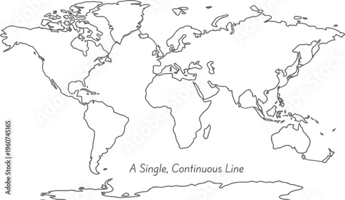 Minimalist world map sketch created with a single continuous line on a plain white background.