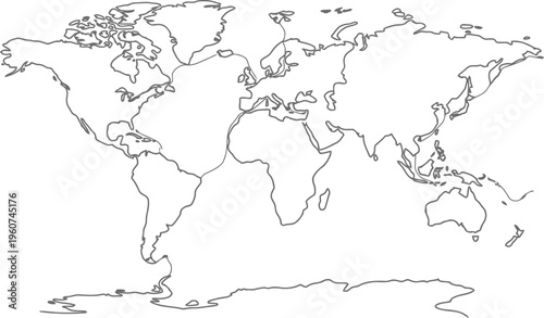 Simple black and white outline of a world map showing all continents and major islands