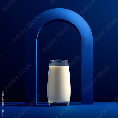 A dark blue arched stage and a glass of milk