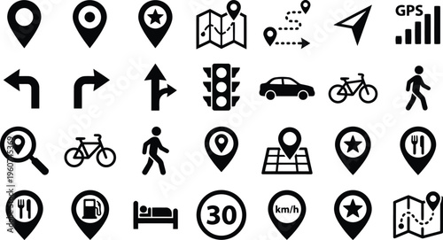 A comprehensive set of navigation and gps icons for map applications and travel routing
