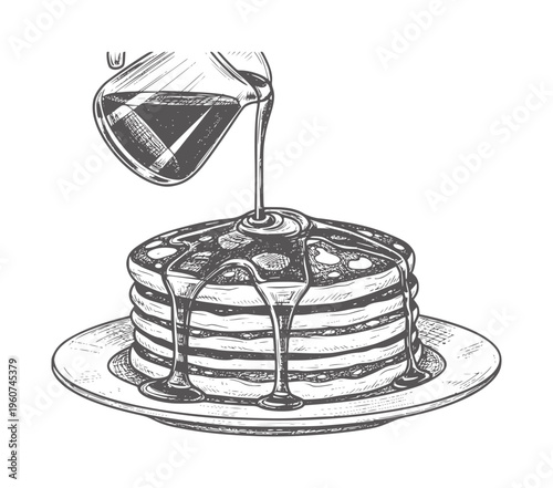 Stack of pancakes with syrup being poured from a jug pouring food breakfast