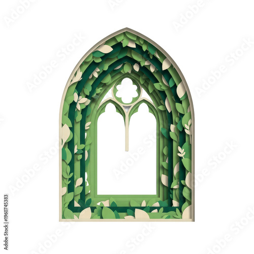 Green leaf filled Gothic arch window frame