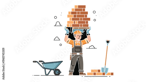 Construction Worker with Load of Bricks: A dedicated construction worker, clad in protective gear, carries a stack of bricks. The scene illustrates the skill and effort involved in construction.