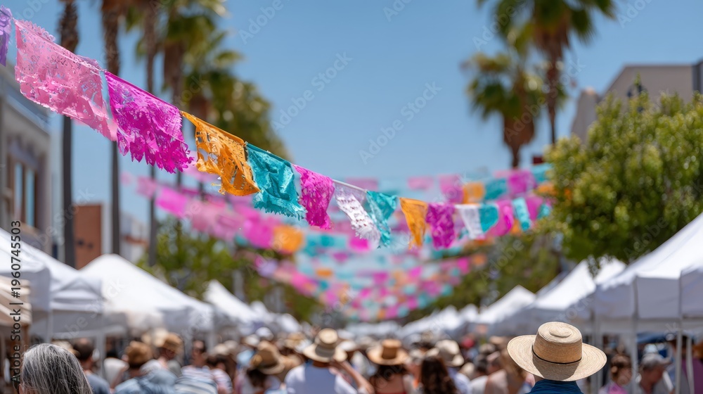Fototapeta premium Colorful papel picado at street festival: vibrant cultural celebration