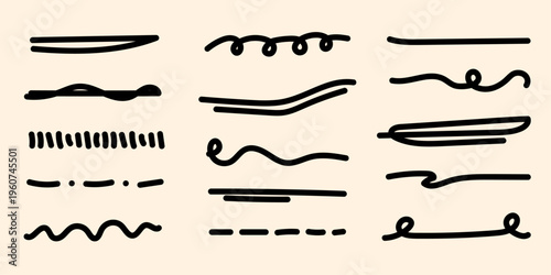 Line marker set, hand drawn accentuation brush stroke accents. Doodle style underline divider separator handwritten collection wavy curly various strips art lines. Isolated. Vector illustration