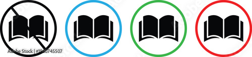 Open Book Icon Set Vector, No Reading Prohibition Sign and Education Book Symbol Collection Isolated on White Background