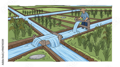 Irrigation in Rice Paddy: Witnessing a farmer skillfully managing the flow of water in a rice paddy, ensuring the healthy growth of the crop through ingenious irrigation methods.
