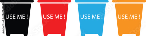 Trash Bin Icon Set Vector, Garbage Can Collection With Use Me Text, Waste Management Flat Illustration