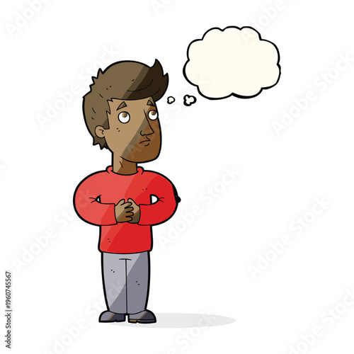 A cartoon man in a red shirt and grey pants stands with his hands clasped, looking upwards with a thought bubble above his head