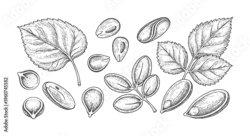 Vintage botanical of assorted seeds and leaves leaf natural