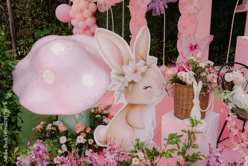 Wallpaper Mural Charming celebration decor with an adorable bunny cutout, colorful flowers, and a large mushroom, creating a whimsical outdoor party atmosphere Torontodigital.ca