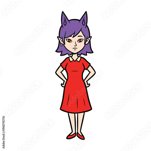 A cartoon illustration of an angry devil girl with purple hair and red eyes, wearing a red dress and red shoes, standing with her hands on her hips