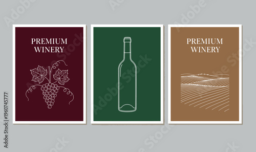 Premium Winery Poster Set with Minimalist Wine Bottle, Grapes, and Vineyard Landscape Illustrations, Sophisticated Deep Red, Forest Green, and Terracotta Brown Branding Stationery Templates.
