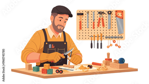 Crafting Creation: A skilled artisan meticulously works on a wooden project, surrounded by the tools of his trade in a well-lit workshop.