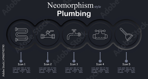 Plumbing set icon. Flexible pipe hose, water valve connector, sink faucet tap, pipeline system control, toilet plunger tool, household sanitation repair