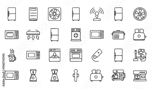 Refrigerator kitchen appliance outline icon set vector