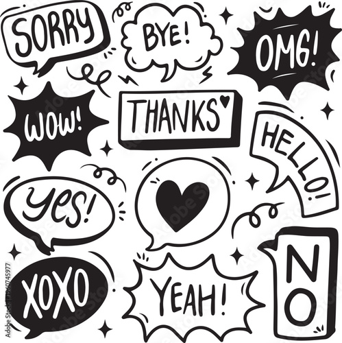 Hand drawn speech bubbles with fun words and expressions for communication and emotions, black and white doodle art