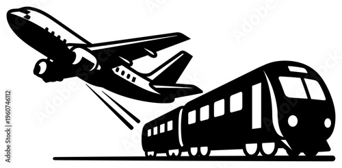 Black and white airplane and train transportation icons representing modern travel, speed, efficiency, business journeys, and global connectivity