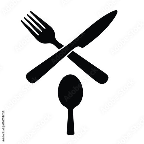 Crossed black silhouettes of fork knife and spoon on white background