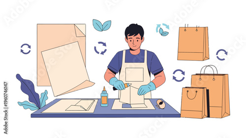 Crafting Eco-Friendly Bags: A skilled artisan meticulously assembles brown paper bags, symbolizing sustainable practices and environmental consciousness. Embracing the essence of repurposing