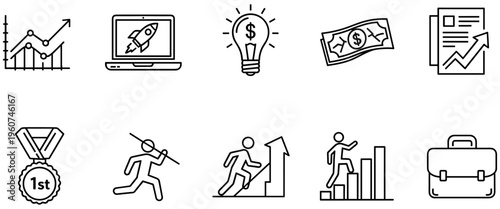 Black and white business success icons featuring growth charts, startup innovation, financial ideas, achievement medals, teamwork, and career progress