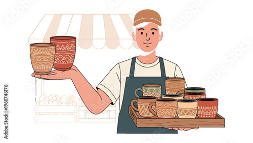 Artisan's Showcase: An artisan proudly presents a collection of beautifully crafted mugs, showcasing his skill and passion for pottery, set against the backdrop of a charming shop.