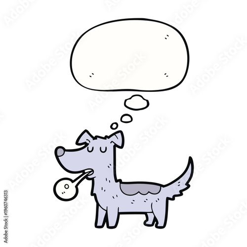 A cartoon illustration of a cute gray dog with a thought bubble above its head, looking thoughtful