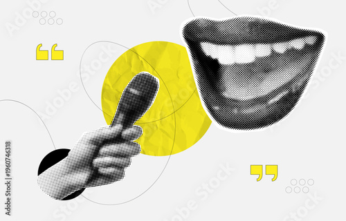 Trendy Halftone Collage of Hand Holding microphone  and Open Mouth with Yellow Geometric Accent