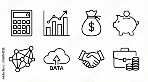 Finance and business icon set with calculator, charts, money bag, piggy bank, network, cloud, handshake, minimal outline vector style