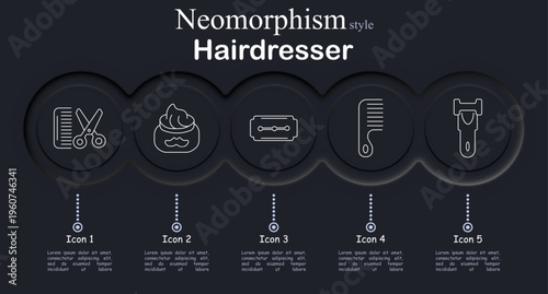 Hairdresser set icon. Neomorphic dark interface circles with line symbols of scissors comb tool, shaving foam beard, razor blade, styling comb tool, electric trimmer clipper
