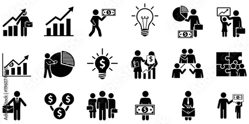 "Business and Finance Icons Collection Featuring Charts, Dollar Signs, Teamwork, Innovation, Investment, Transactions, Growth, and Corporate Strategy Elements"