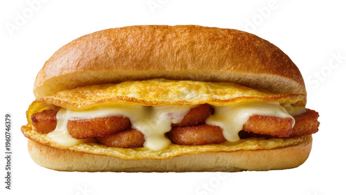 Photography Flaky golden croissant bun embracing fried fish patty melted cheese and sunny-si