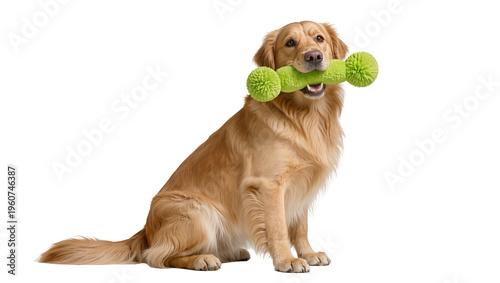 Bild auf Leinwand Golden Retriever playfully holding two bright green rope dog toys in its mouth,