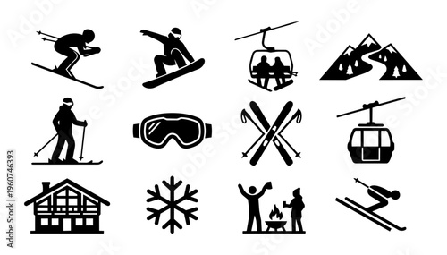 Ski Resort Silhouette Icons Set – Skiing, Snowboarding, Lift, Mountain and Winter Vacation Collection