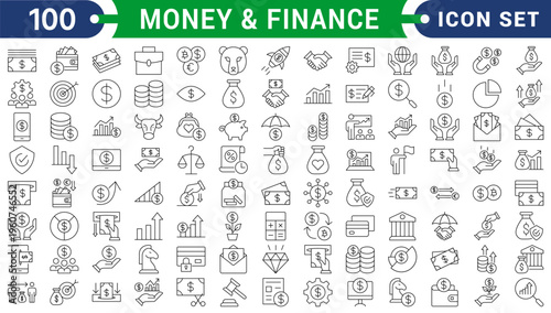Money and finance icon set outline style. Financial and banking line icon collection. Business and investment symbols. Wallet, cash, piggybank, bank, mobile banking concepts.