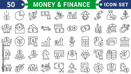 Money and finance icon set outline style. Financial and banking line icon collection. Business and investment symbols. Wallet, cash, piggybank, bank, mobile banking concepts.