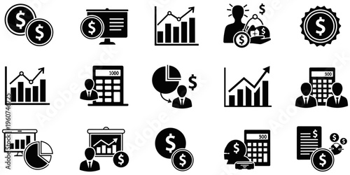 Black and white financial and accounting icon collection featuring coins, charts, calculators, pie graphs, documents, and economic growth symbols