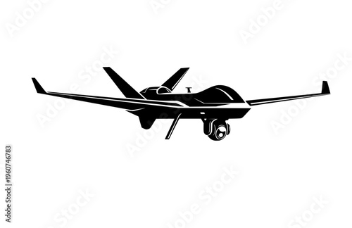 Modern Military Drone UAV Surveillance Silhouette, High Tech Defense Vector Sticker, Future Warfare Technology Illustration
