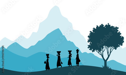 Silhouette of Indian women carrying water pots on their heads walking through a scenic mountain landscape with a tree, depicting rural village life and cultural tradition