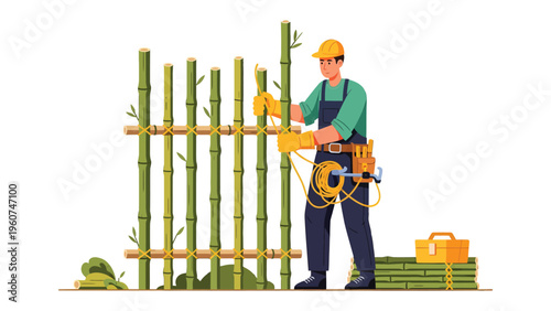 Crafting a Bamboo Barrier: A skilled craftsman meticulously constructs a sustainable bamboo barrier, demonstrating the art of traditional craftsmanship.