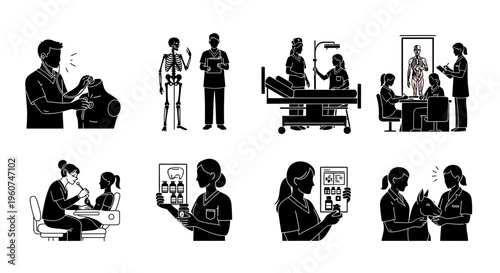A collection of black and white silhouette icons depicting various medical and healthcare practices Vector, illustration