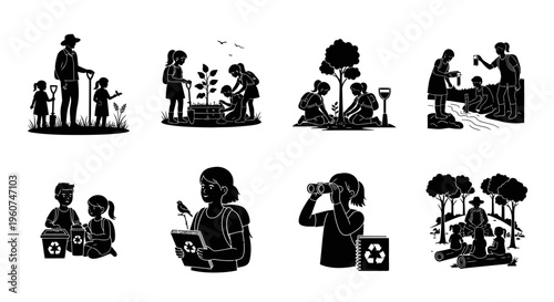 A collection of black and white illustrations showing children participating in environmental tasks Vector, illustration