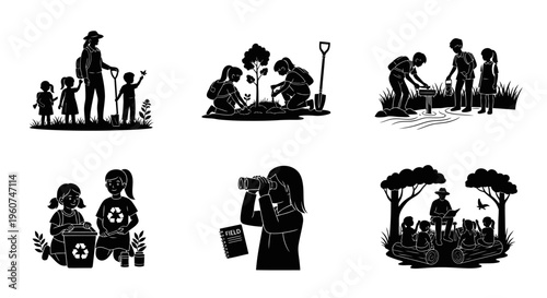 A collection of black and white silhouette icons representing environmental education and research Vector, illustration