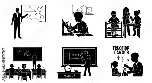 A collection of black and white silhouette icons representing various mathematics classroom scenes Vector, illustration