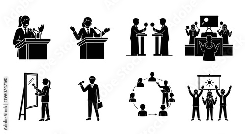 A collection of black and white silhouette icons representing various public speaking scenarios Vector, illustration