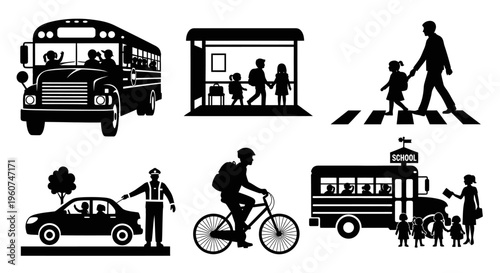 A collection of black and white silhouette icons representing various school travel scenarios Vector, illustration