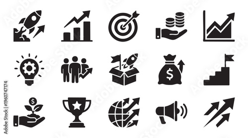 A collection of professional vector graphic icons illustrating key concepts related to startup growth business finance success strategy and achievement for presentation design