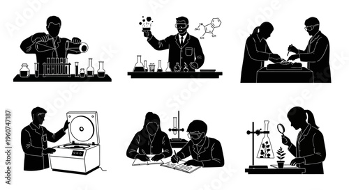 A collection of black and white silhouette illustrations depicting various scientific lab tasks Vector, illustration