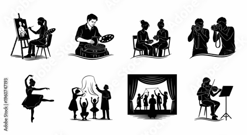 A collection of black and white silhouettes depicting various creative arts and artistic activities Vector, illustration
