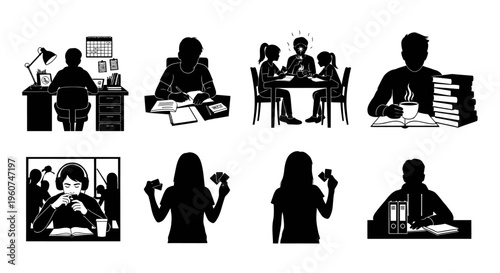 A collection of black and white silhouettes depicting various daily student and office activities Vector, illustration